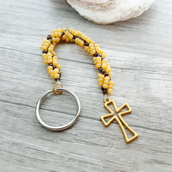 Beaded Cross Keychain, Seed Bead, Yellow Gold Bronze, 6.5" - Picture 4 of 4
